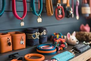 Colorful dog collars, leashes, and accessories displayed on shelves in pet store photo