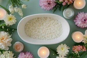 Relaxing epsom salt bath with candles and flowers creating a tranquil spa ambiance photo