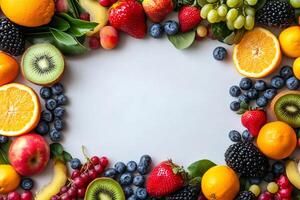Fresh fruits frame creating vibrant and healthy border on white background photo