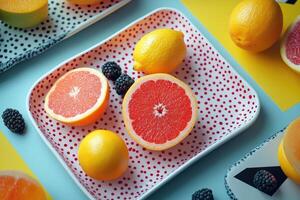 Fresh grapefruit, lemon, orange, and blackberries creating vibrant and colorful flat lay photo