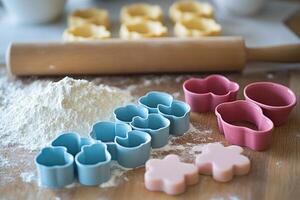 Colorful cookie cutters and rolling pin resting on wooden table with flour photo
