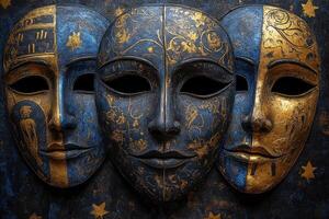 Three ancient masks showing different expressions and emotions photo