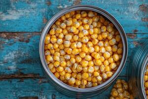 Tin can containing dried corn kernels on rustic blue table photo