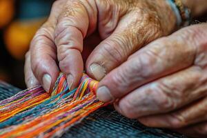 Artisan weaving colorful threads with expertise and precision photo