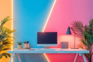 Modern desk setup with neon lights and plants creating a vibrant workspace photo