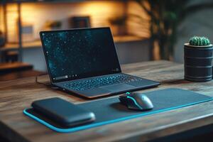 Modern laptop, gaming mouse and power bank on desk mat with rgb lighting, creating cozy gaming setup in home office photo