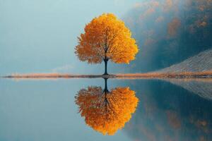 Lone golden autumn tree reflecting in calm lake at dawn photo