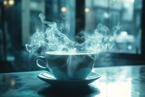 Steaming cup of coffee creating swirls of vapor on table photo
