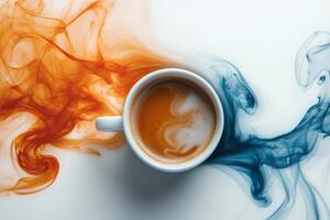 Coffee cup with smoke swirling around, creating an abstract design photo