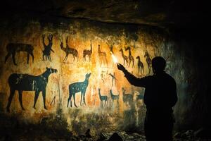 Archaeologist exploring ancient cave paintings with torchlight photo