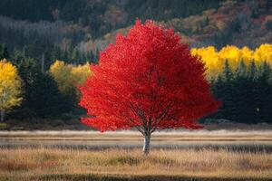 Red maple tree standing in autumn field with colorful forest in background photo