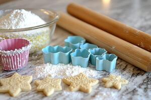 Baker preparing christmas cookies using rolling pin, cookie cutters, and flour photo