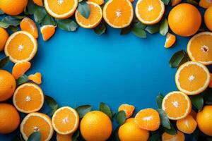 Fresh oranges and tangerines creating a frame on blue background photo