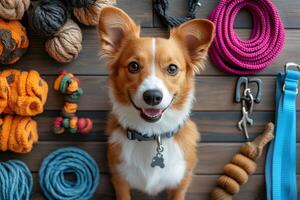 Happy dog smiling surrounded by pet accessories on wooden background photo