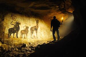 Explorer discovering ancient cave paintings with torchlight photo