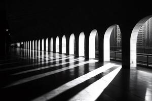 Sunlight creating strong shadows in archway of modern building photo