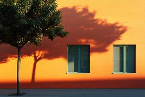 Tree casting shadow on orange wall with windows at sunset photo