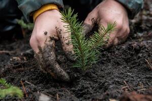 Forest engineer planting a seedling conifer tree in fertile soil photo