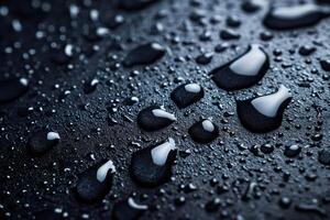Water droplets resting on textured black surface photo