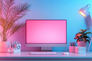 Modern desk setup featuring computer, keyboard, mouse, and plants in neon lighting photo