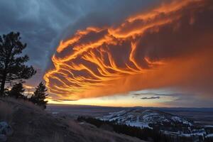 Fiery orange cloudscape illuminating snowy hills and pine trees at sunset photo