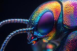 Iridescent jewel beetle showing rainbow colors in extreme close-up photo