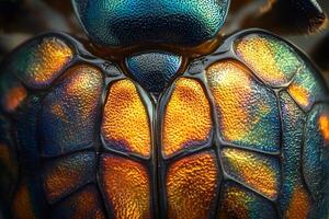 Metallic texture of a colorful dogbane beetle showing iridescent elytra and pronotum photo