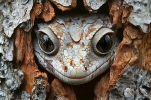 Uroplatus gecko hiding in tree bark, showing its camouflage skills photo