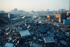Pile of electronic waste polluting the environment in junkyard photo
