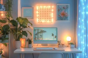 Cozy home office setup with tropical vibes and warm lighting photo