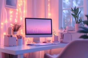 Cozy pink home office setup with fairy lights and plants photo