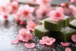 Matcha green tea wagashi dessert decorated with pink cherry blossoms photo