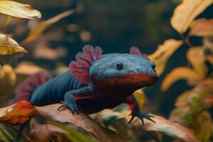 Axolotl standing on autumn leaves, displaying its vibrant gills and unique features photo