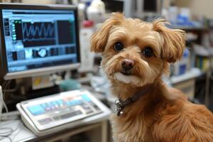 Cute dog sitting in veterinary clinic examining medical records on computer screen photo