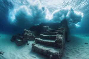 Underwater stone staircase leading to ocean surface and clouds photo