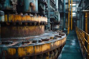 Rusty industrial pipeline dominating a deserted factory floor photo