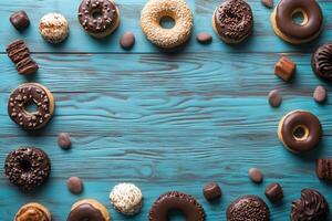Delicious chocolate donuts and assorted pastries forming a frame on rustic turquoise table photo