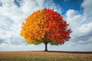 Lonely tree showing autumn colors in a dry field under cloudy sky photo
