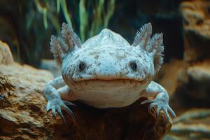Axolotl resting on a rock in an underwater environment, displaying its unique feathery gills photo
