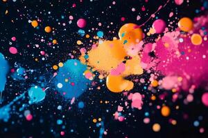 Colorful paint splattering on black background creating abstract modern art photo