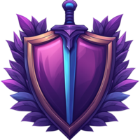 Purple shield and sword emblem on transparent background for game assets png