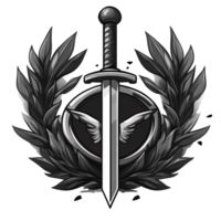 Grayscale sword and wreath emblem on transparent background a symbol of honor and achievement png
