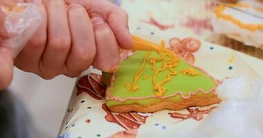 Decorating Christmas Tree Cookie with Icing in Close-Up View video