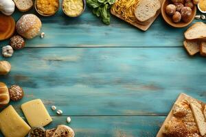 Carbohydrates frame creating copy space on rustic table photo