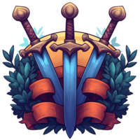 Elegant crossed swords emblem with ribbon and olive branches on transparent background 100 200 characters png