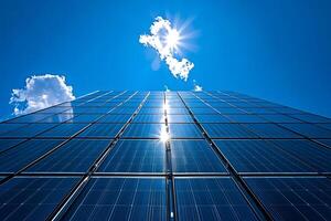 Solar panels converting sunlight into green energy on building facade photo