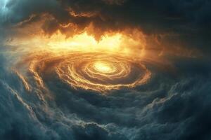 Swirling clouds creating a dramatic and atmospheric scene with golden light photo