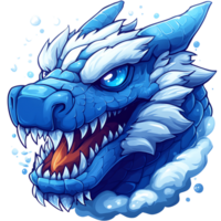 Cartoon ice dragon head with snowy mane on transparent background for design projects and illustrations png