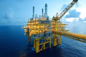 Offshore oil rig extracting and processing fossil fuel at twilight photo
