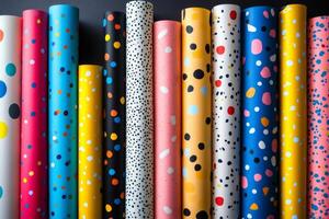 Colorful wrapping paper rolls forming a vibrant and festive background design photo